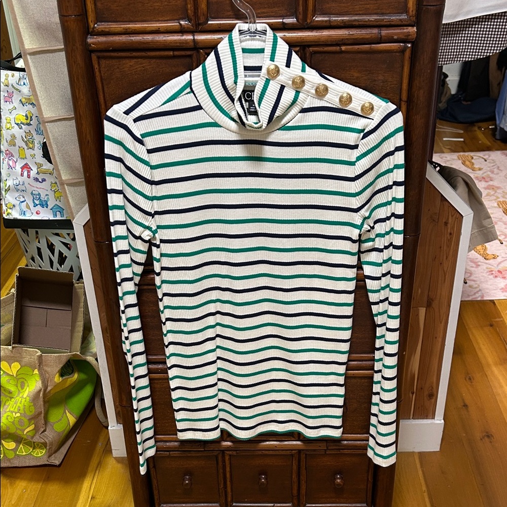 J. Crew Striped Turtleneck with Gold Buttons Preppy